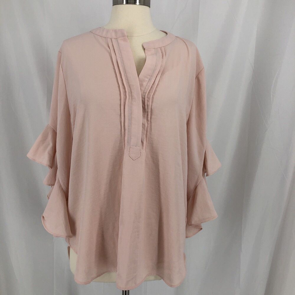 Vince Camuto Pink Ruffle Sleeve Blouse Women XL V Neck Corpcore Office Top